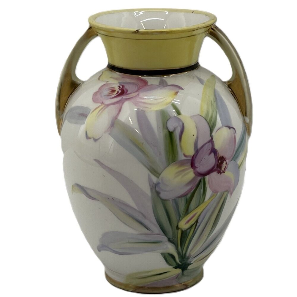 Vintage Nippon Double Handled Flower Vase Floral Hand Painted 6" Tall